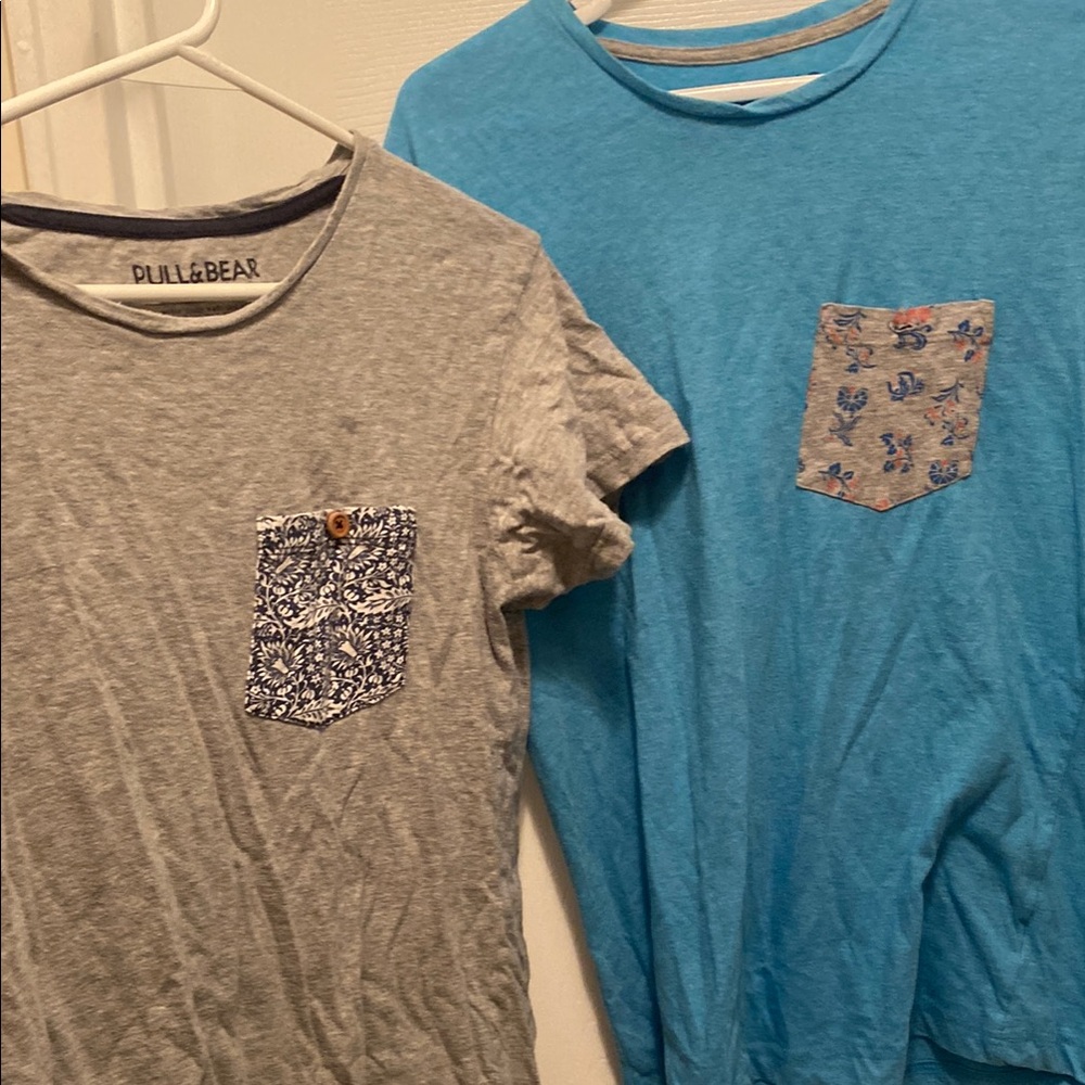 Pull&Bear Grey and Blue T-Shirts with Patterned Pockets